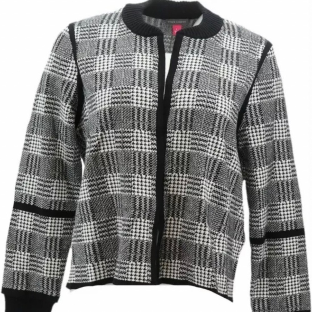 Vince Camuto XS Kiss Front Plaid Jacquard Sweater Rich Black Jacket NEW NWT